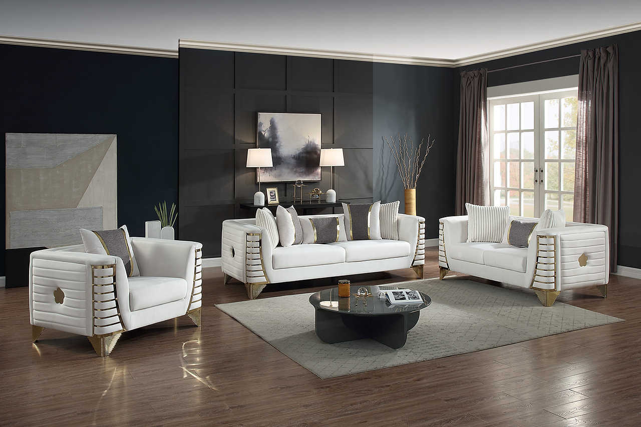 Front view of Donovan Cream Velvet Sofa and Loveseat Set