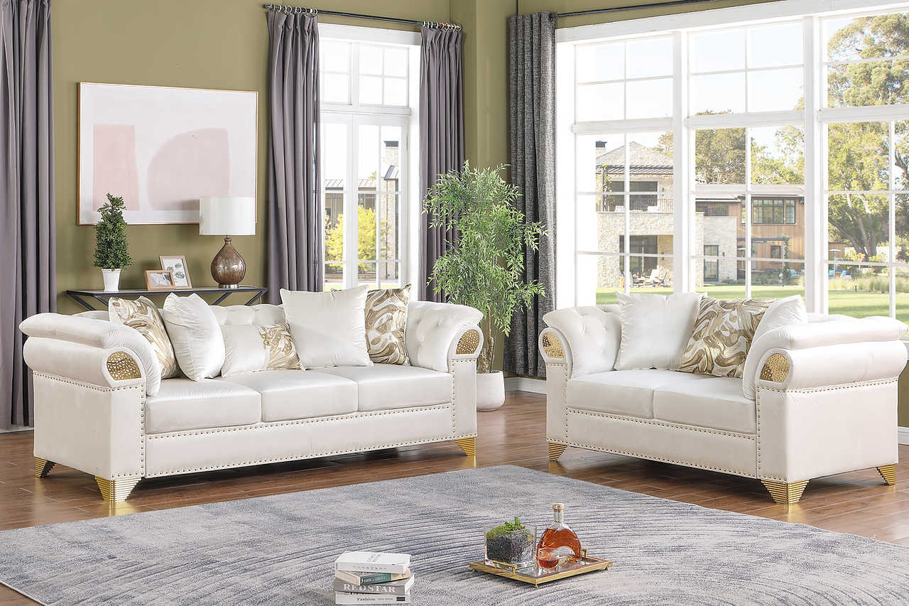 Emma Cream Velvet Living Room Set side angle