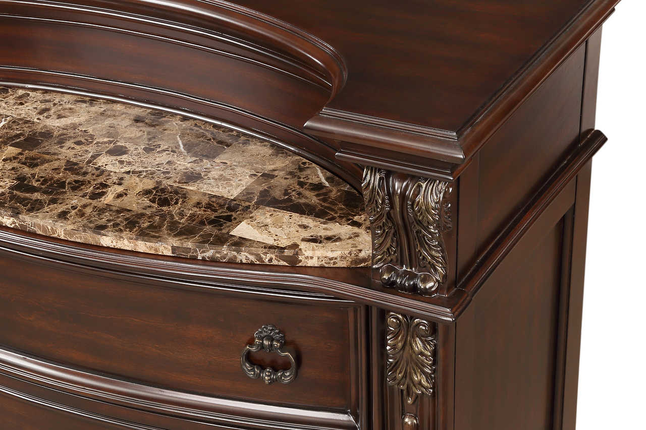 Detailed view of cherry wood finish on dresser