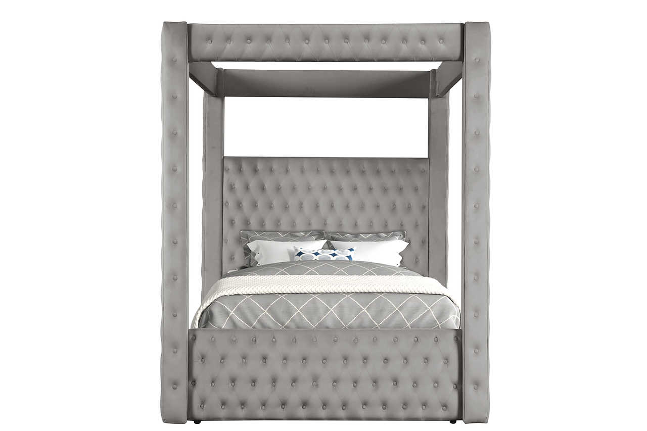 Close-up of tufted gray upholstery on Mansion Canopy Bed headboard