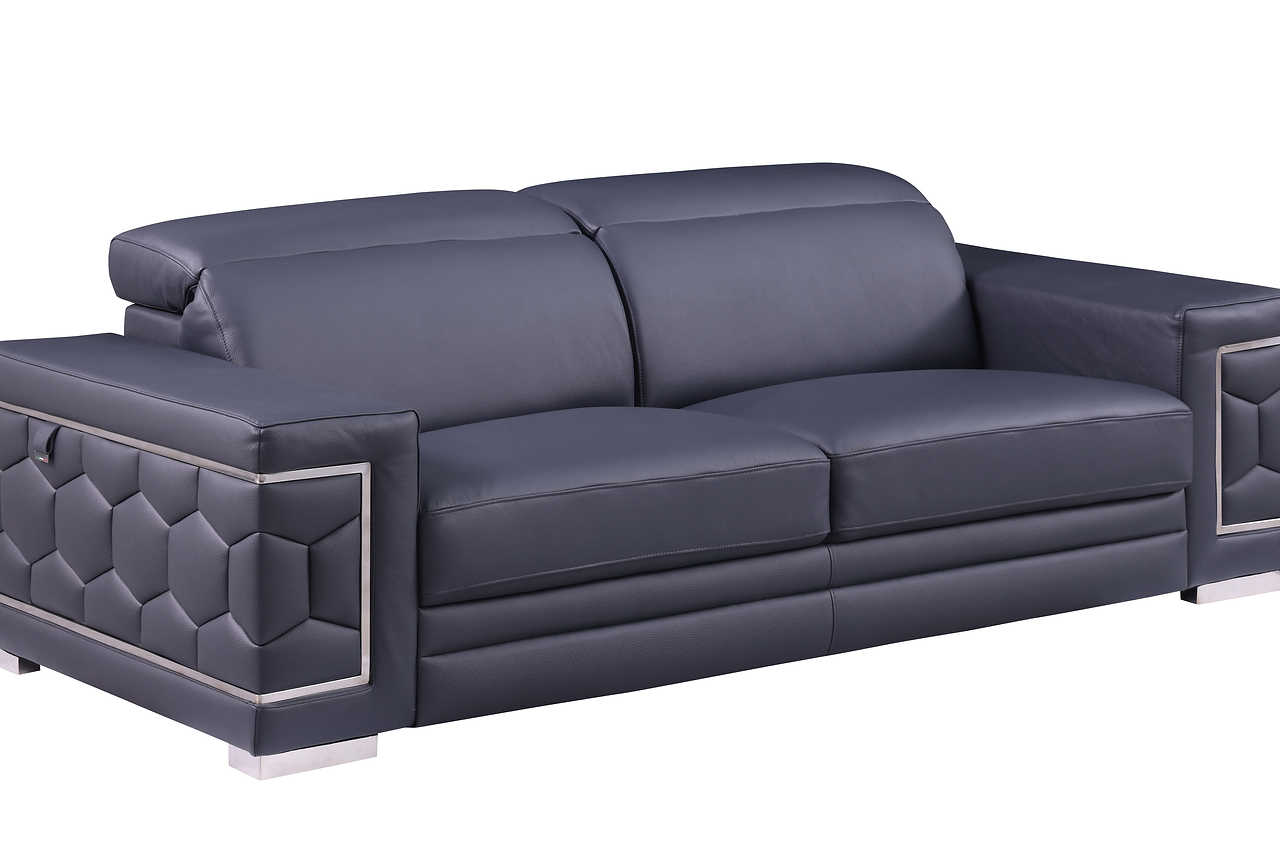 Detail of dark navy Italian leather upholstery on Favo living room set