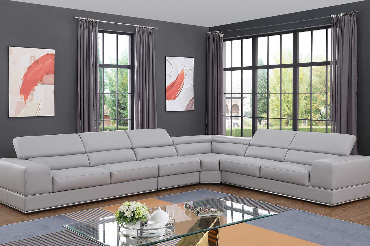 Pella Light Grey Leather Sectional in room setting