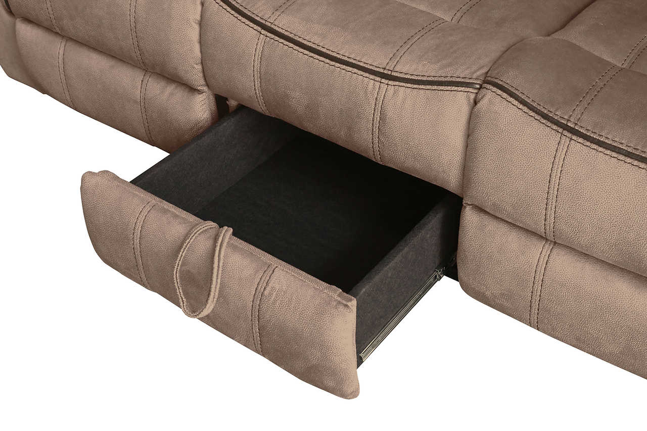 Brown microfiber reclining loveseat with console and power outlet