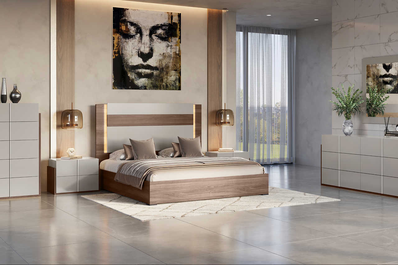 Aryan Beige Nightstand front angle showing storage drawer