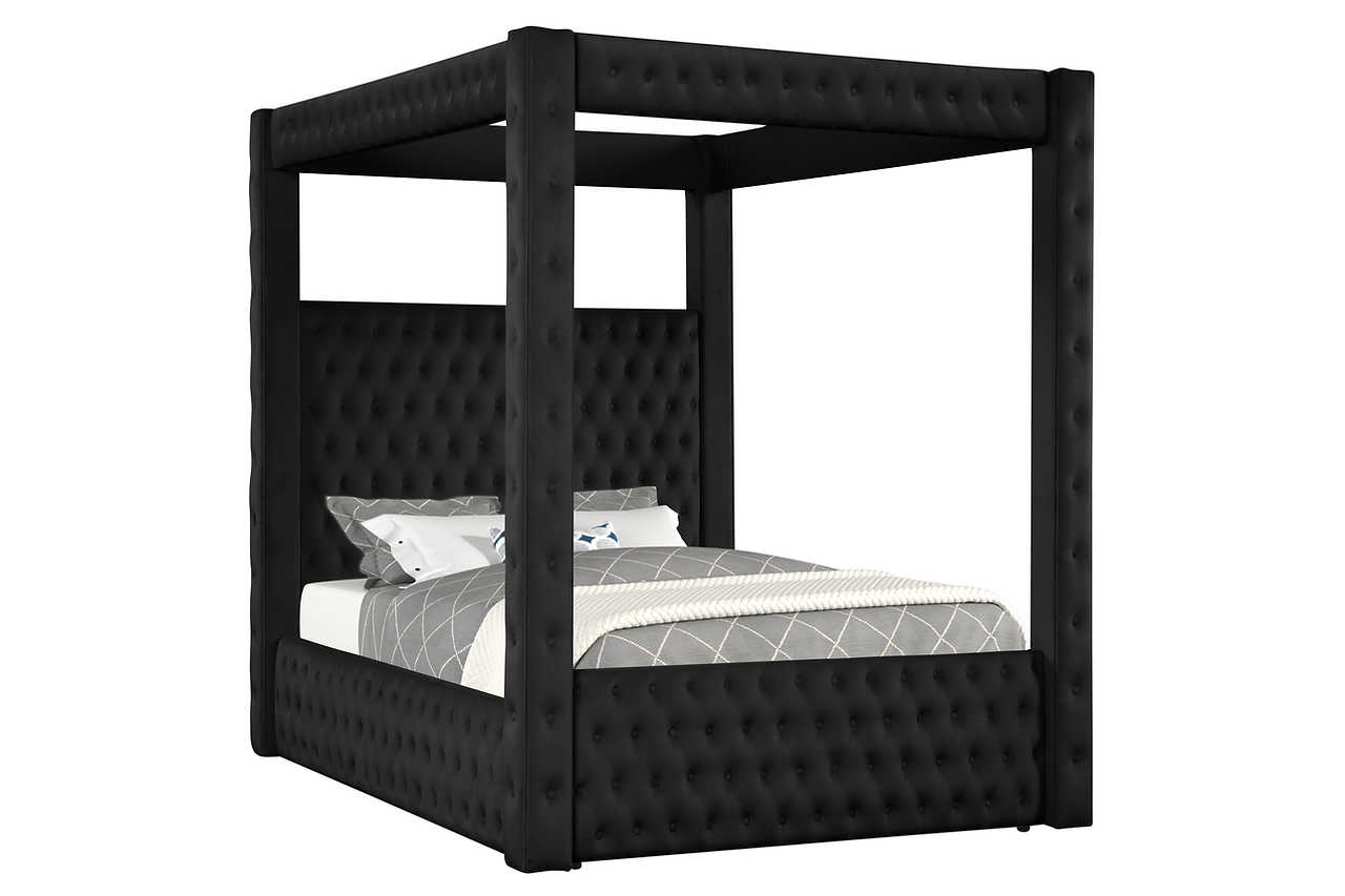 Close-up of tufted upholstery and canopy frame of Mansion king bed