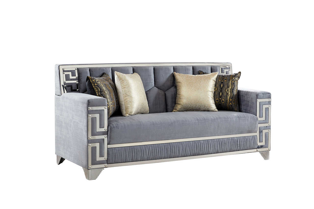 Detail of metal accent and upholstery on Hira Grey set