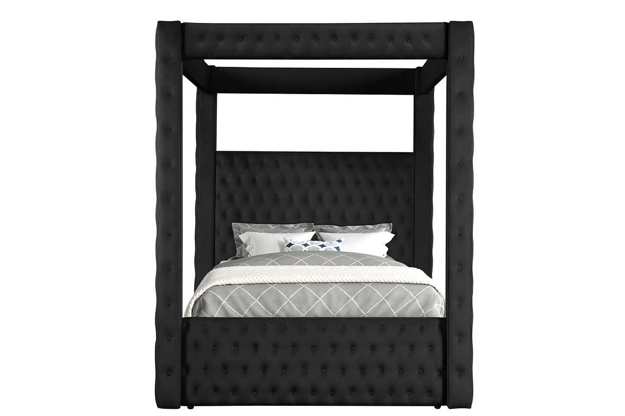 Side view of Mansion black upholstered tufted canopy platform queen bed