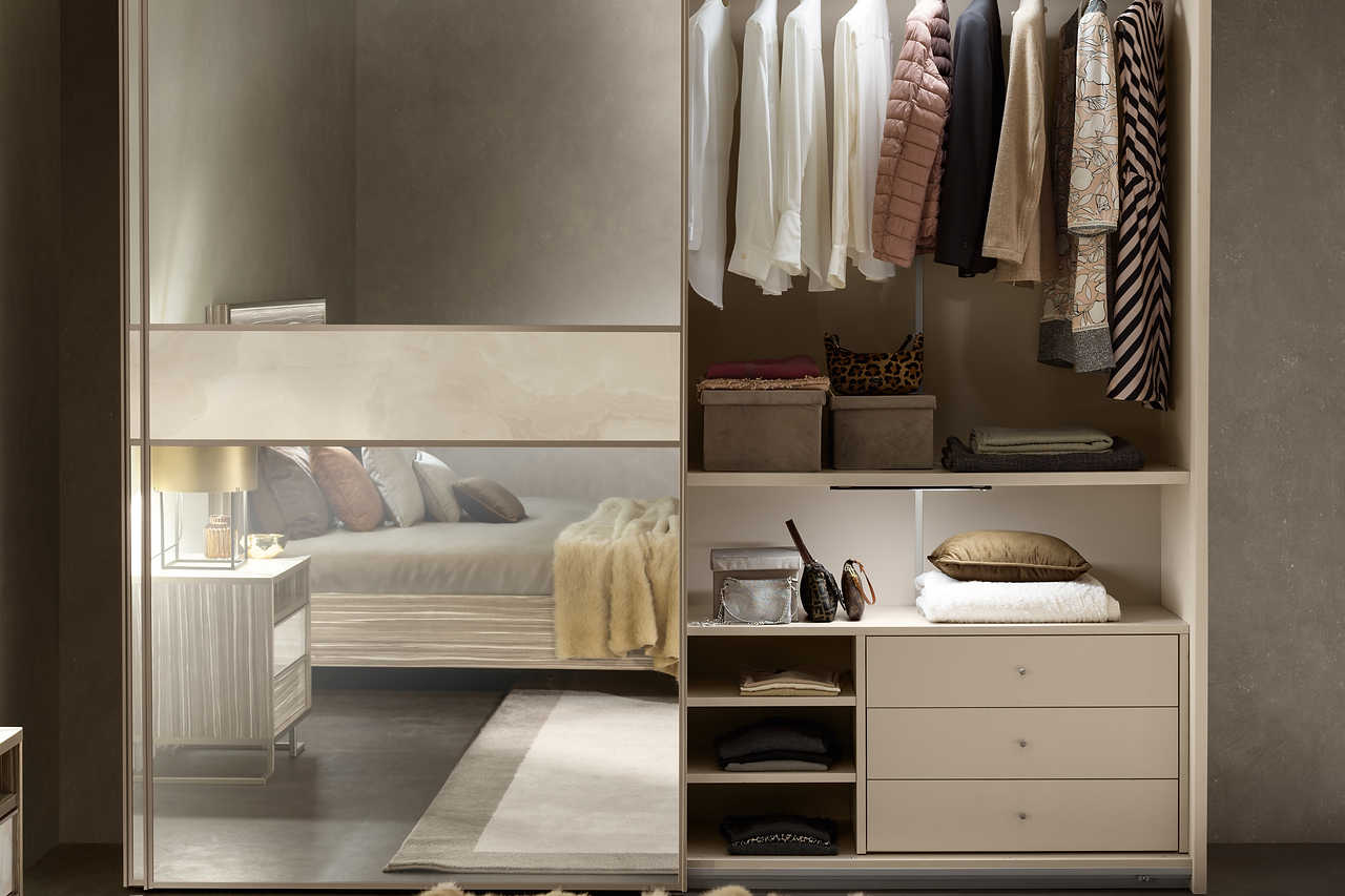Luce Beige Nightstand with champagne metal legs and high gloss finish