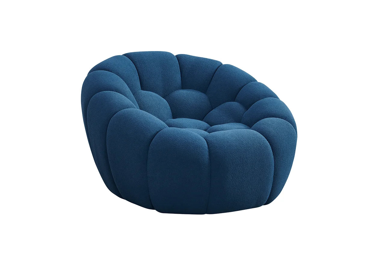 Side perspective of sofa and loveseat in blue boucle