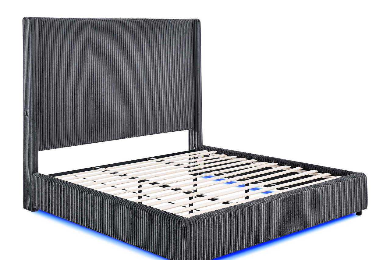 Full view of Belinda Grey LED Bed from footboard