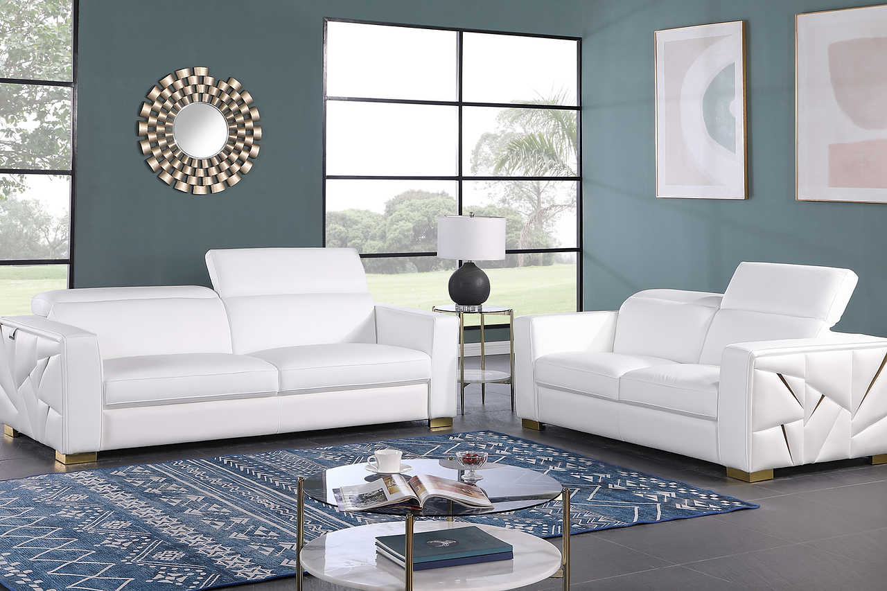 Astra white loveseat with gold accents, side view