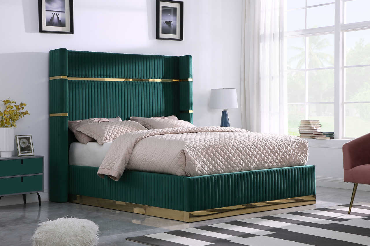 Aspen Green Velvet Upholstered Platform Queen Bed