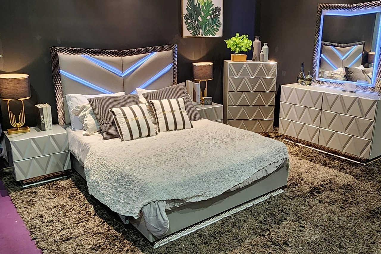 main view of Vera Gray Upholstered LED Platform Bedroom Set bed