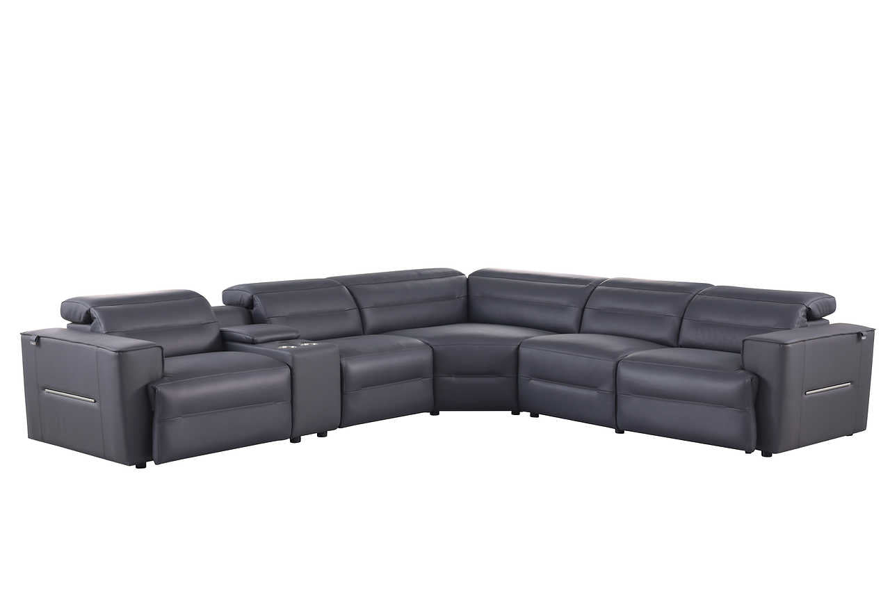 Close-up of dark navy leather upholstery on Nexus sectional