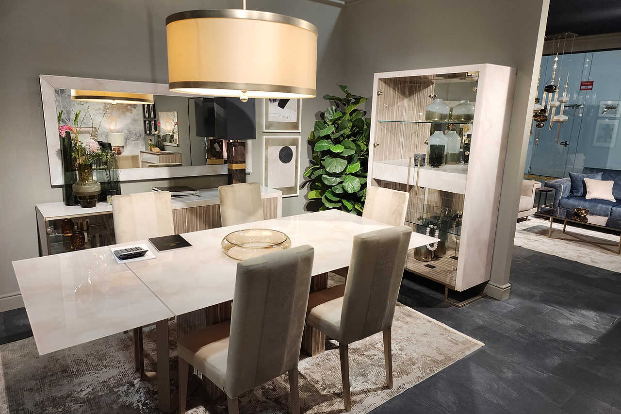 Side angle of Luce Collection 4-door Italian buffet door open