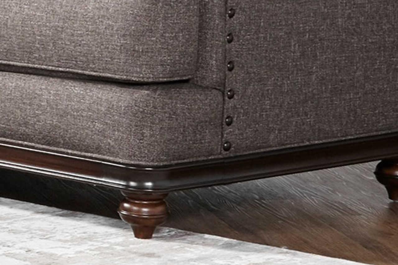 Modern contemporary loveseat with wooden armrests and thick fabric cushions