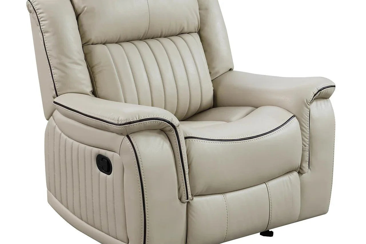 Cream faux leather sofa close-up
