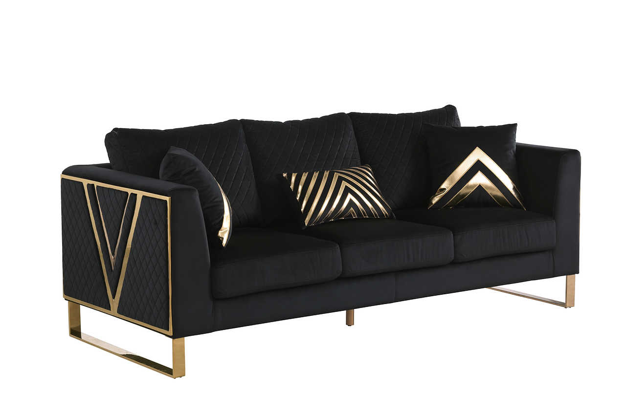Vista Bonita black velvet sofa and loveseat angled view