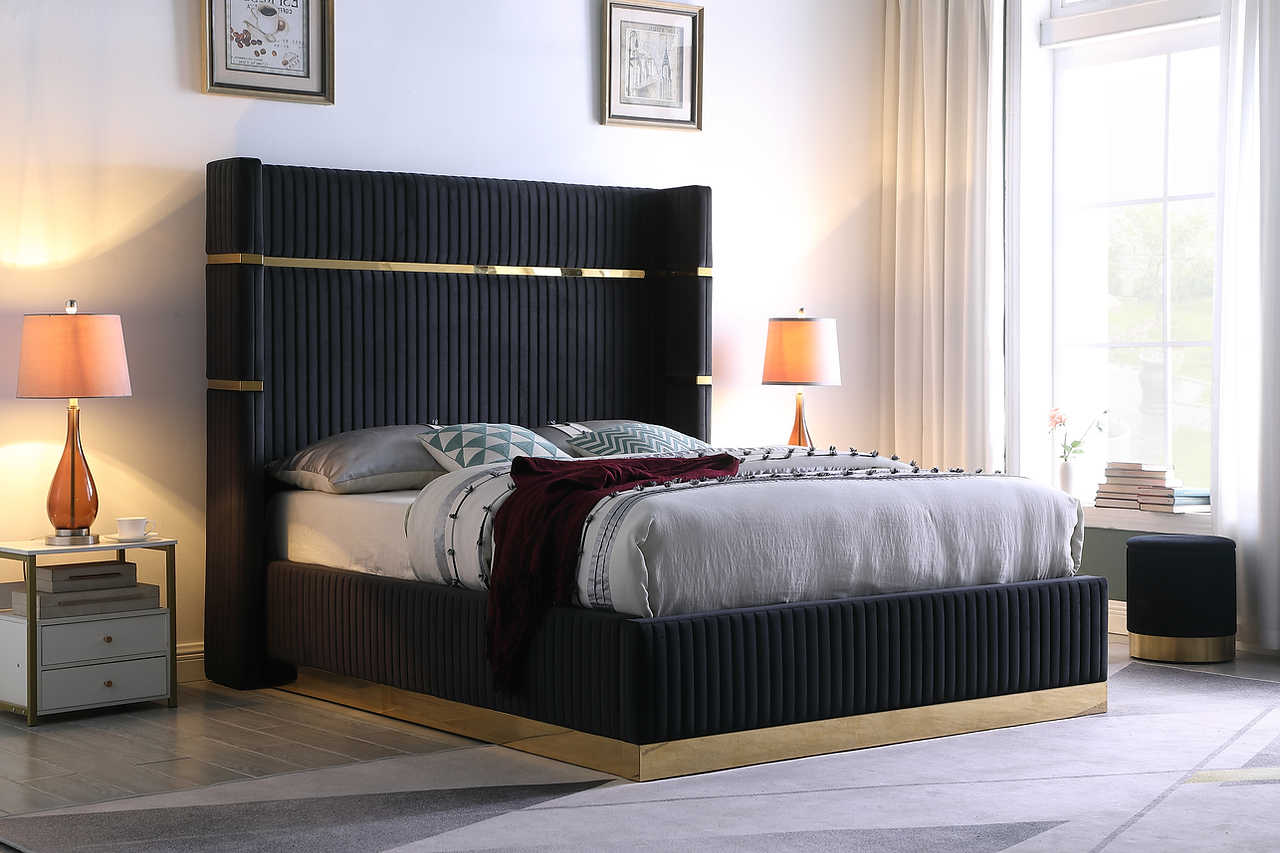 Aspen Black Velvet Upholstered Platform King Bed