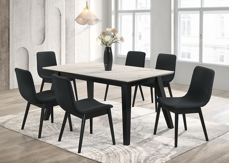 Dorri Dining Room Set with white porcelain table top and black chairs