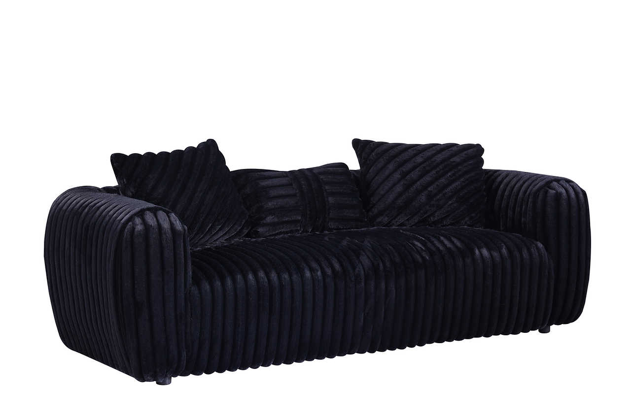 Close-up detail of striped black fabric upholstery on Eli set
