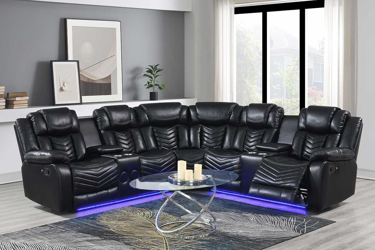 Lucky Charm black leather left-arm reclining loveseat with LED and speakers