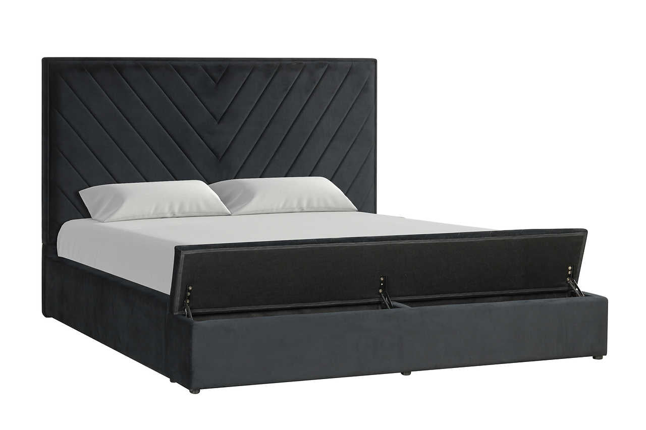 Close-up of black velvet upholstery on Mio King Bed
