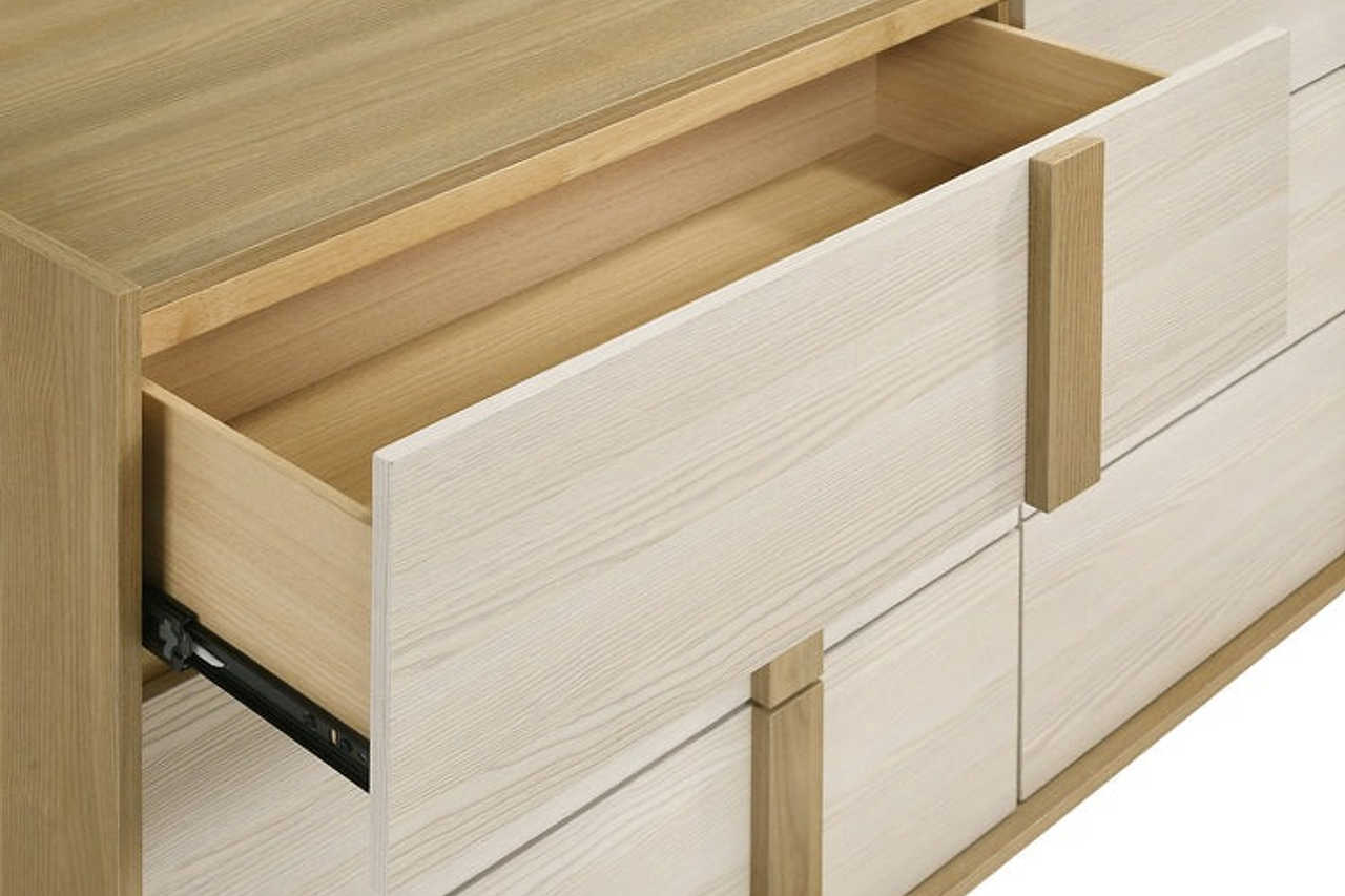 Side angle detail of Maya Natural LED Panel Bedroom Set bed