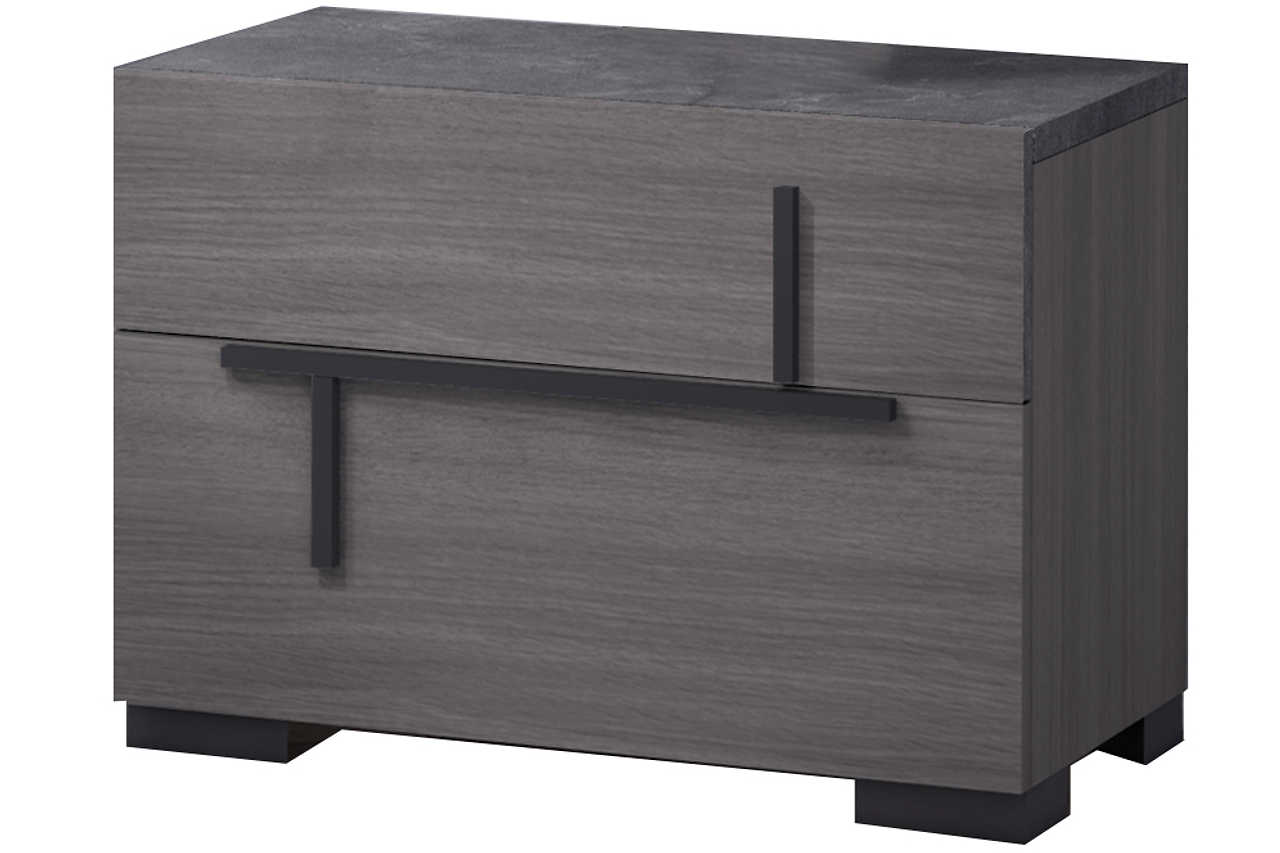 Sunrise Gray Nightstand front angle showing two soft-closing drawers
