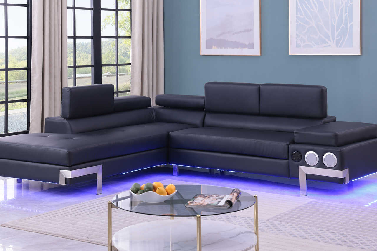 Main view of Magic Black PU sectional sofa with LED speakers