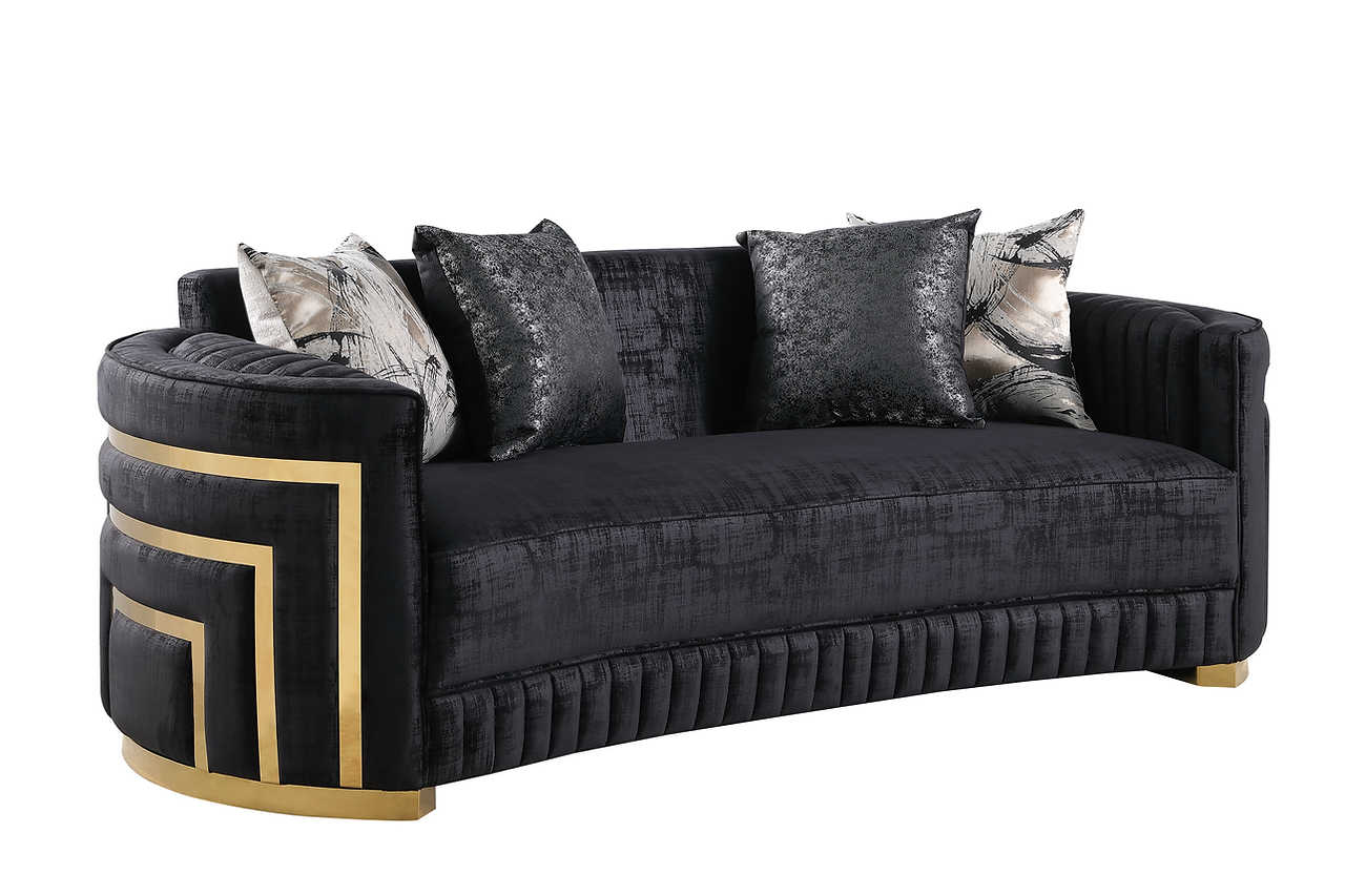 Minerva Black Velvet Living Room Set angled front view