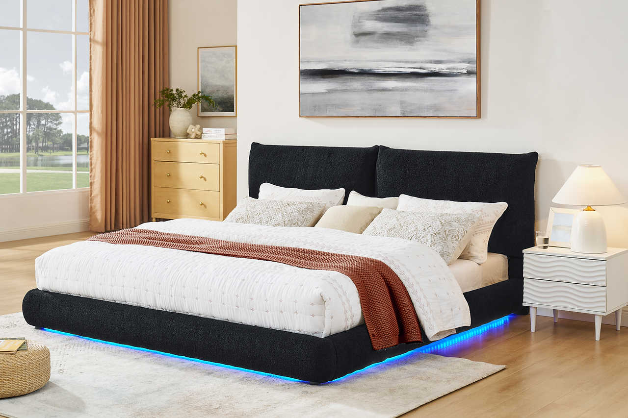 Zima black teddy fabric headboard with LED lighting detail