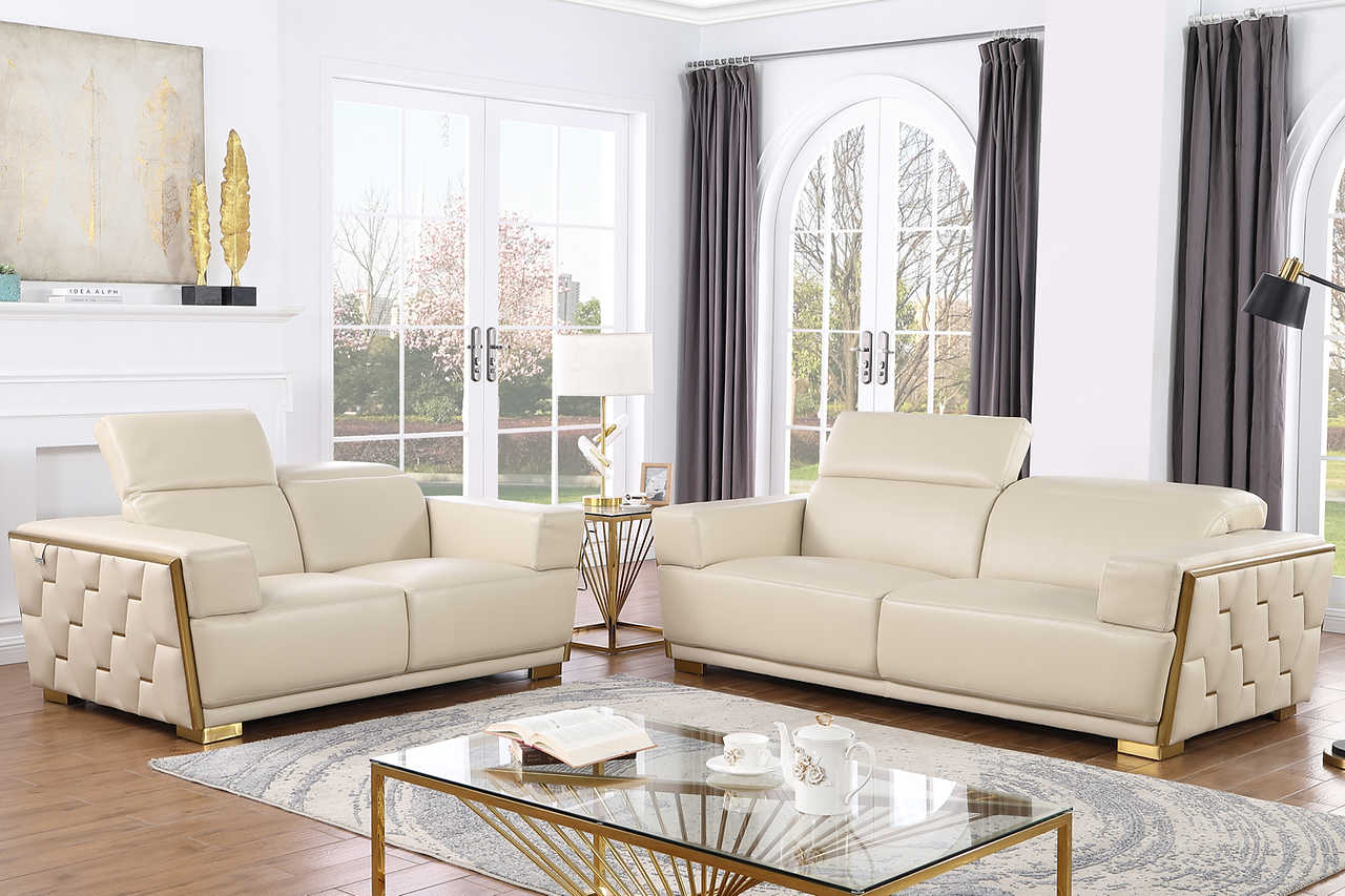 Hexor beige loveseat side view showcasing leather upholstery