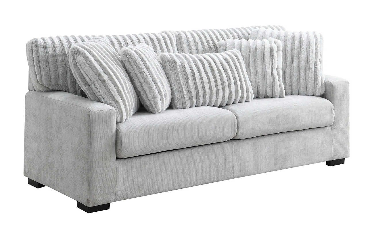 Side profile of Tarra Loveseat in gray fabric