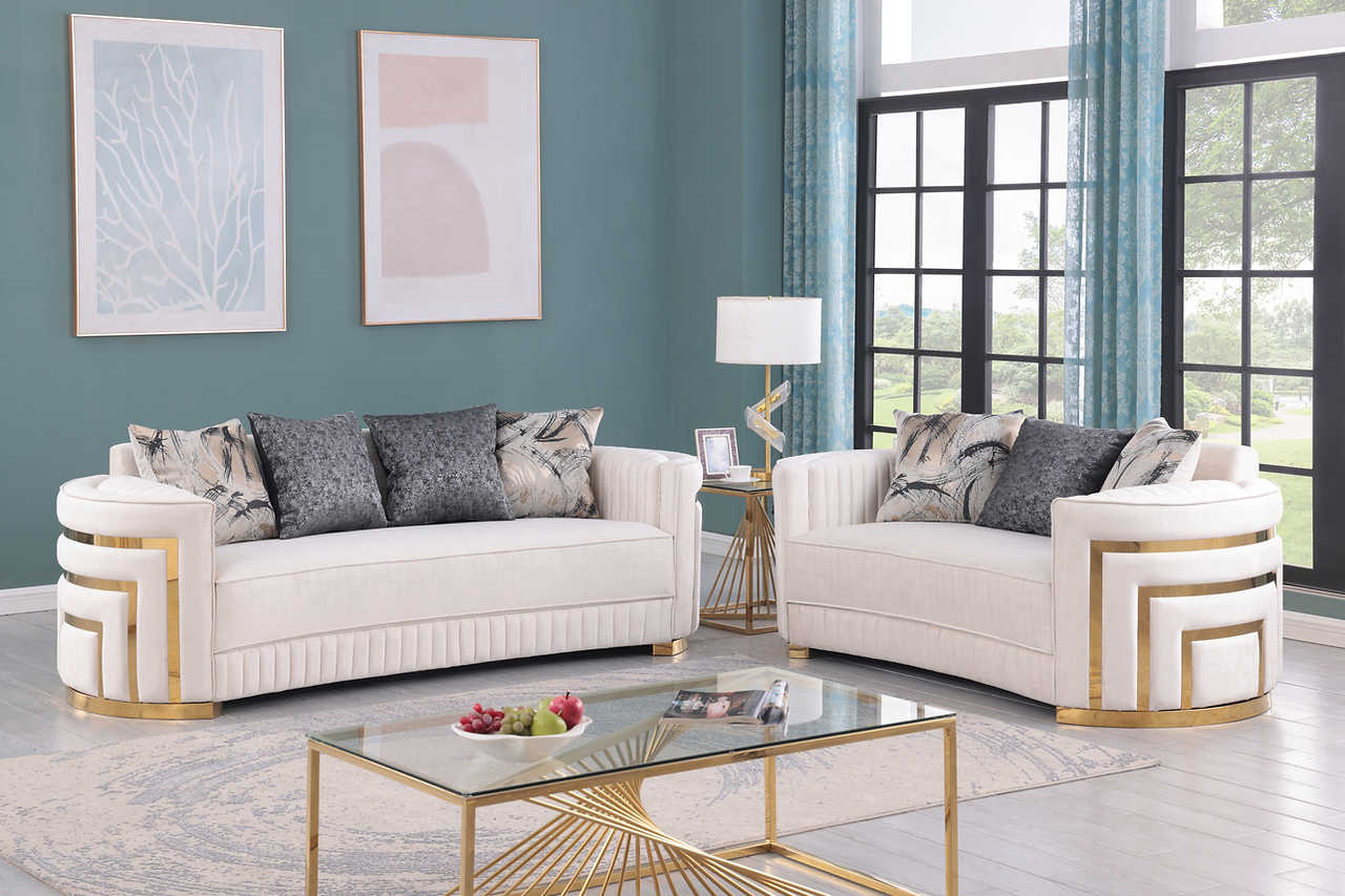 Side view of Minerva Cream Velvet Living Room Set