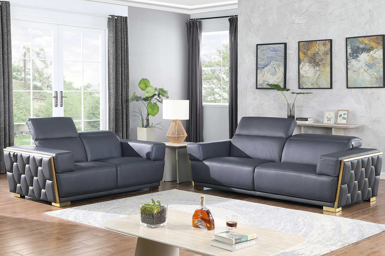 Hexor navy leather loveseat side view