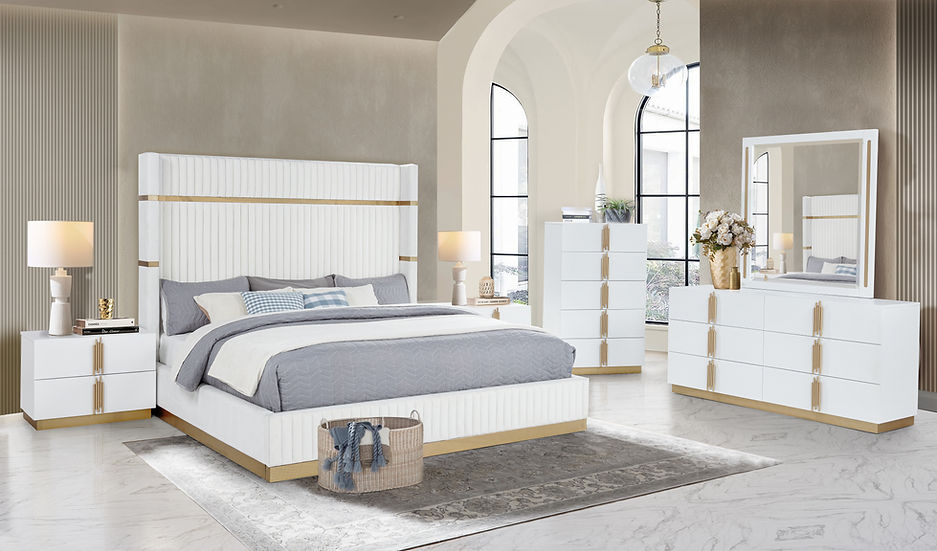 Evon White Upholstered Panel Bedroom Set side angle showing upholstered bed panel and dresser