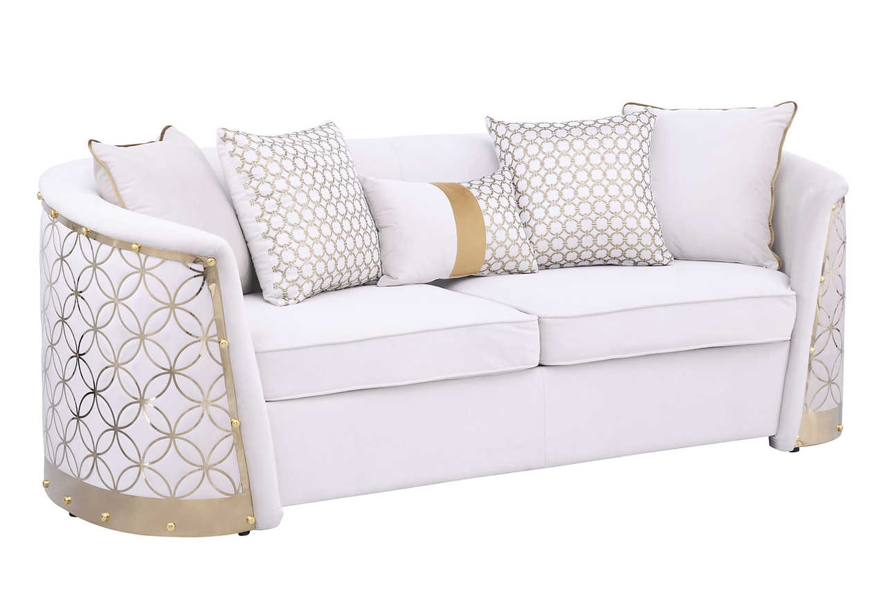Close-up of Athena Cream Living Room Set gold metal details