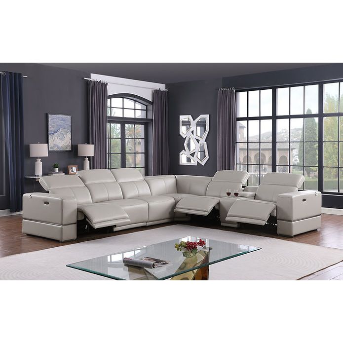 Franco 7-Piece Light Grey Italian Leather Match Power Reclining Sectional with 3 Power Seats and Storage Console from Decor Furniture