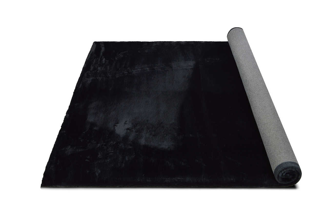 Rabbit Black area rug in styled living room setting