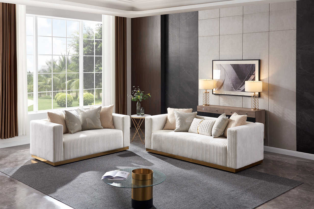 Side view of Alisha Ivory Living Room Set showing sofa profile