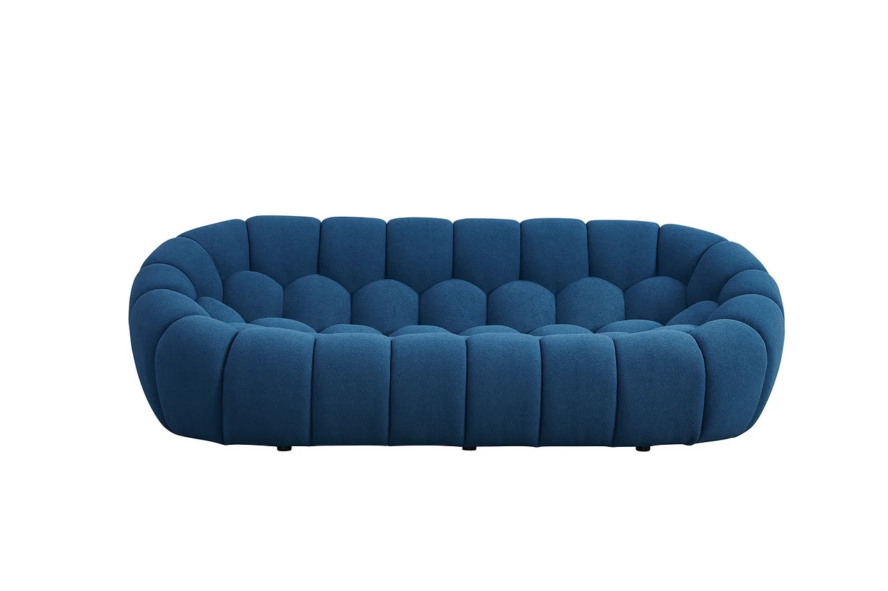 Detail view of blue boucle upholstery on Bubbles Living Room Set