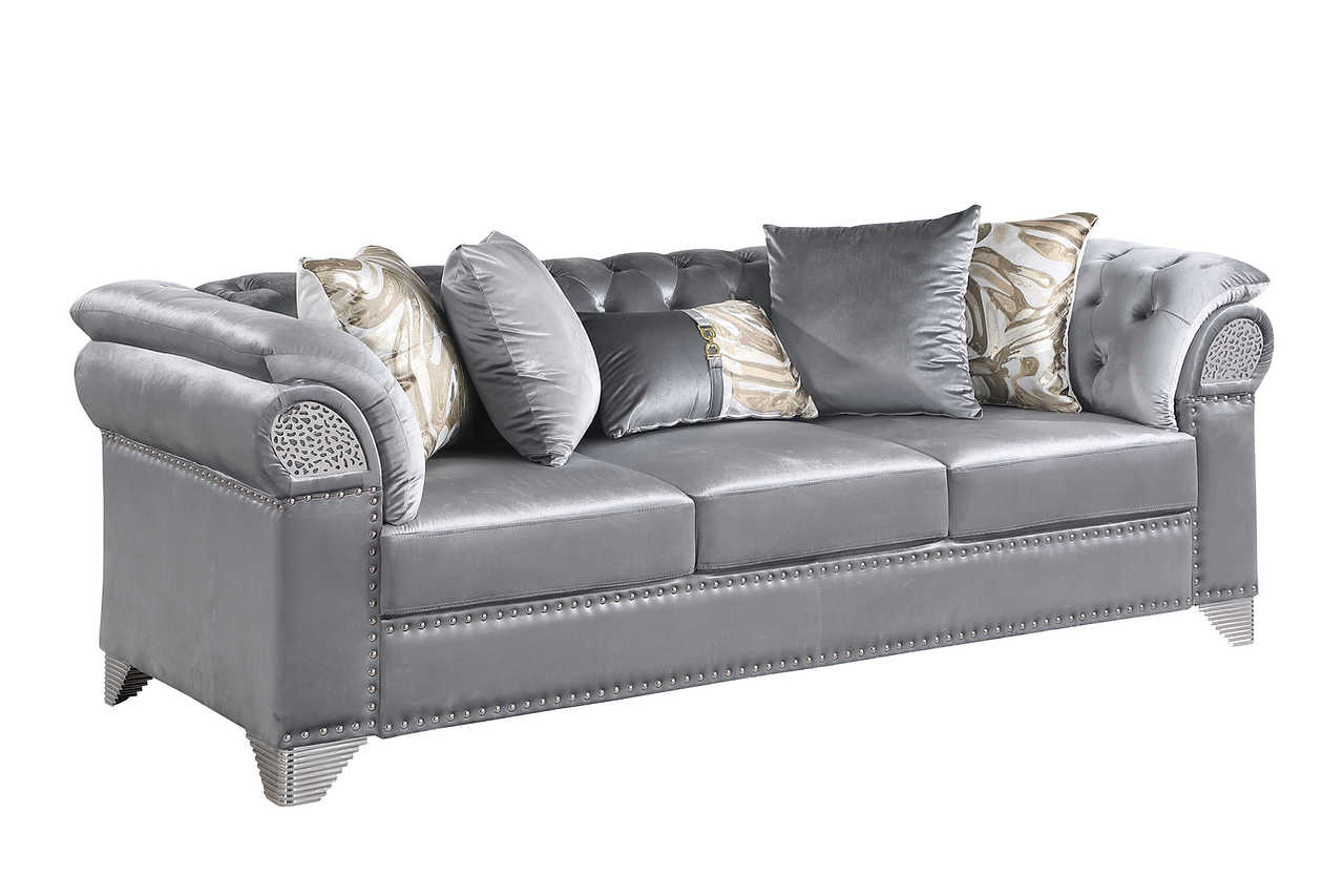 Close-up of grey velvet upholstery on Emma Living Room Set