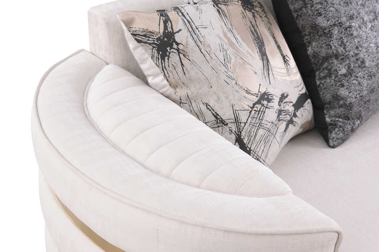 Detail view of cream velvet upholstery on Minerva Living Room Set