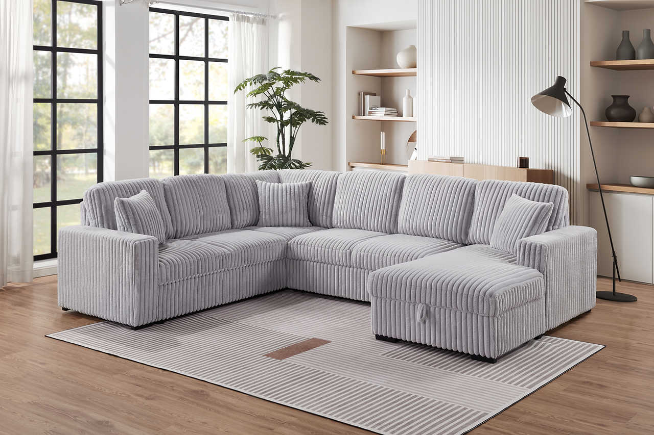 Close-up detail of grey fabric upholstery on Raha sectional