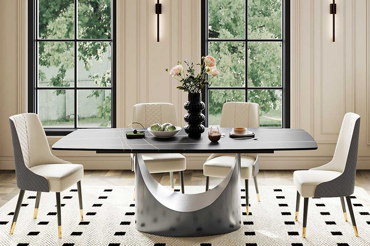 Lexi dining table front view with matte black stone top and U-shaped black steel base