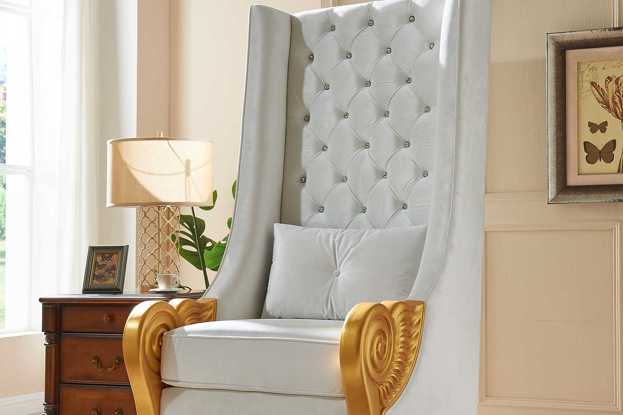 Throne White 62.5 inch tall accent chair with gold accents side angle