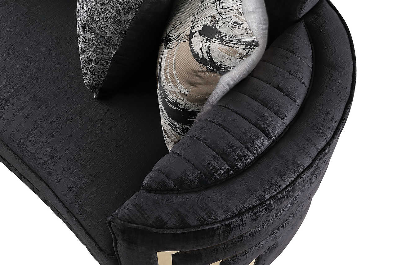 Close-up detail of black velvet upholstery on Minerva set