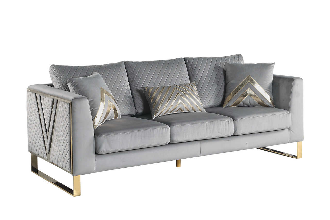 Close-up detail of gray velvet upholstery on Vista Bonita set