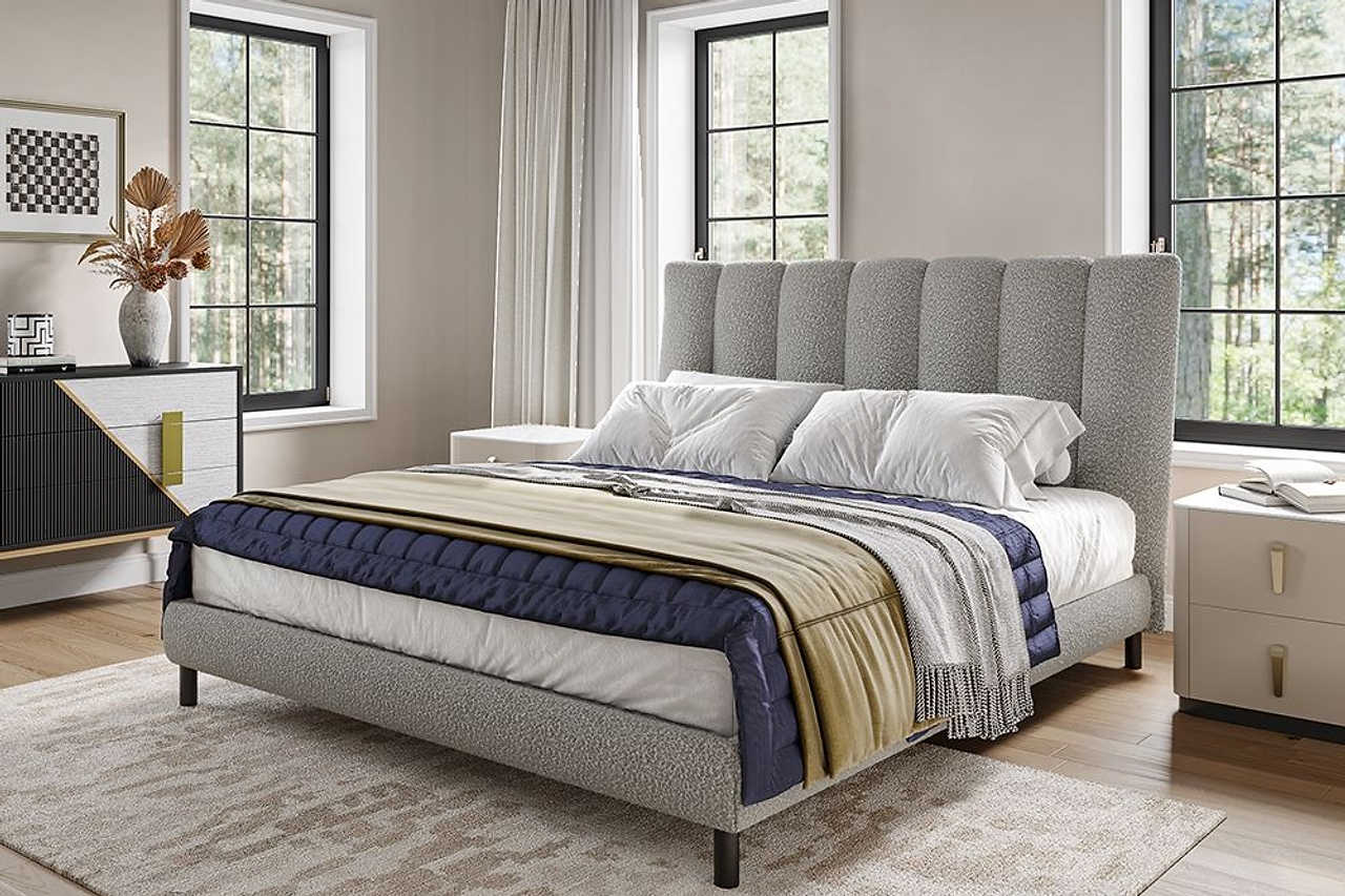 Queen upholstered bed in gray, bedroom setting